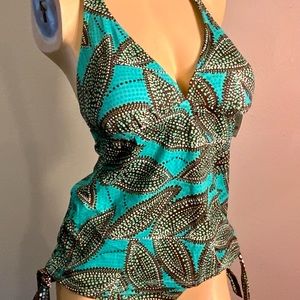 Island Escape women’s Tankini set tribal botanical print jade green brown Sz 10